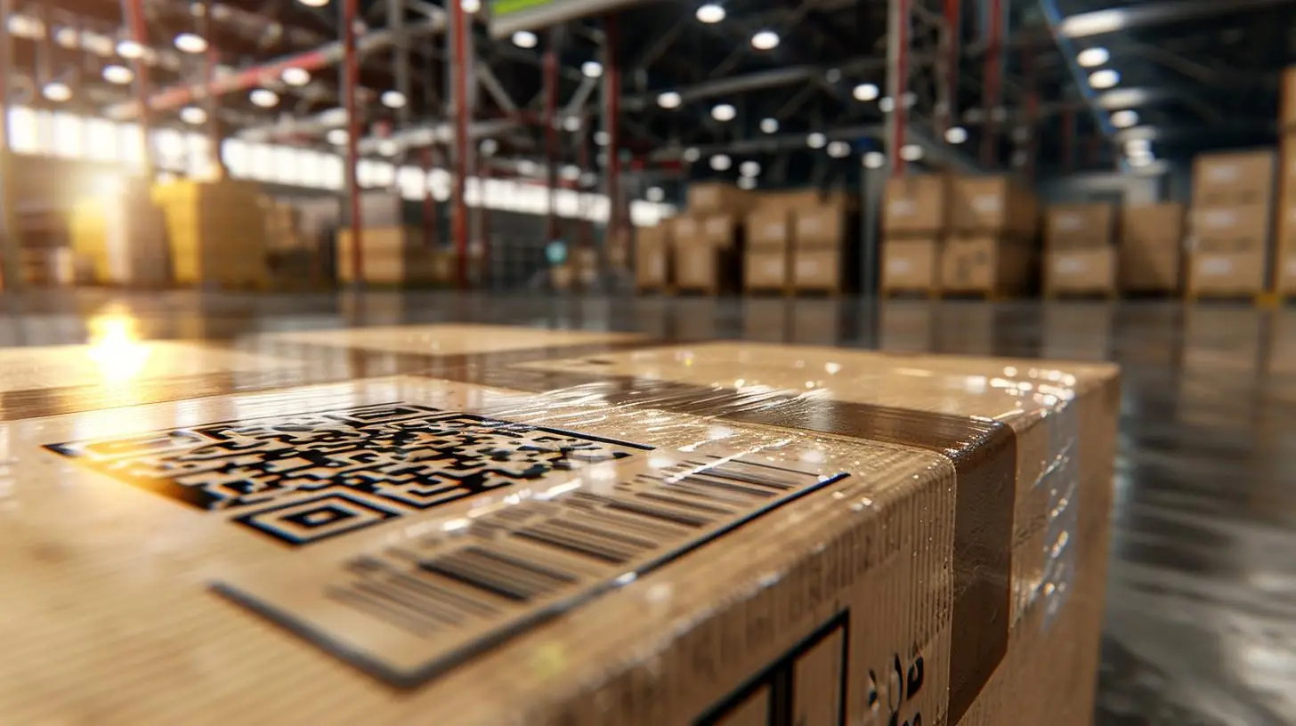 Systematik und Typen von Artikelnummern auf Paket mit Barcode und QR-Code im modernen Lager