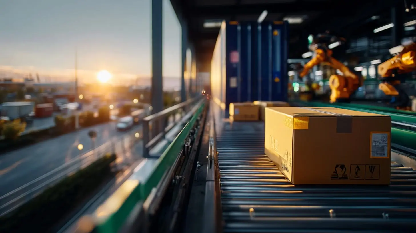 Logistik Engpässe beseitigen – automatisiertes Lager mit Förderband und modernen Roboteranlagen im Sonnenaufgang