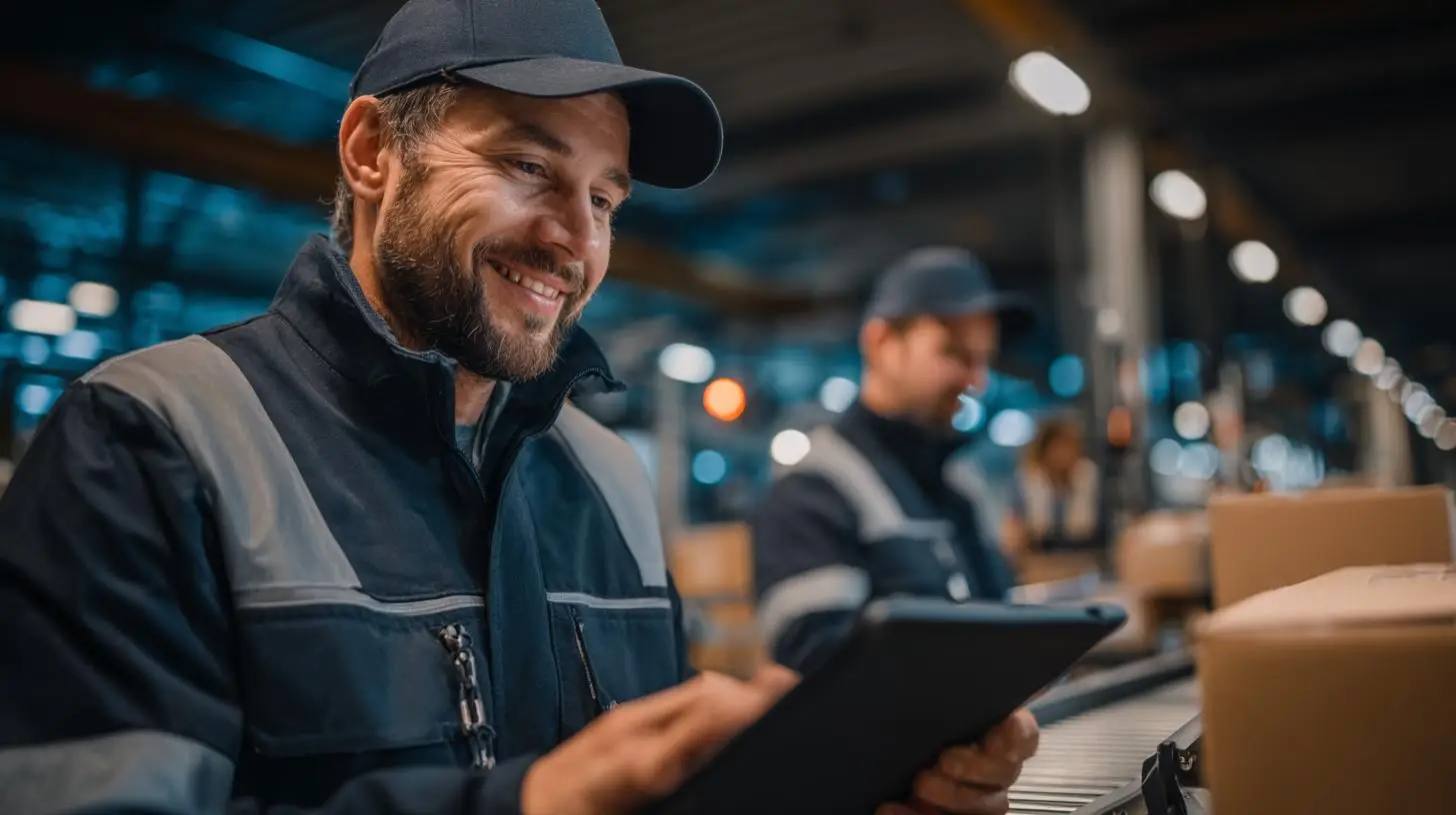 Lächelnder Logistikmitarbeiter nutzt Tablet zur Steuerung effizienter Lagerprozesse an einer modernen FörderstreckeZuschlagskaskaden in der Logistik