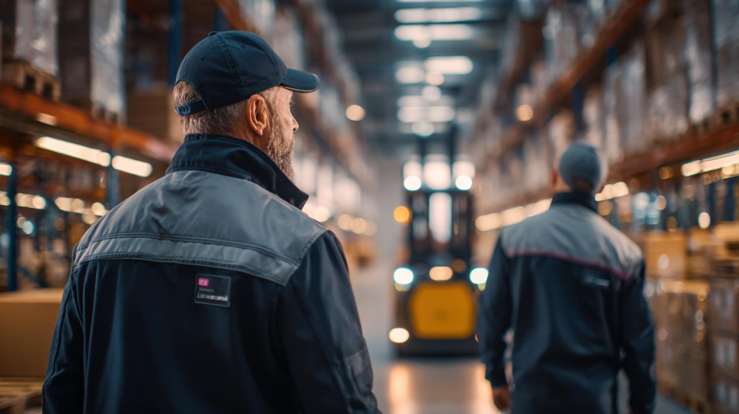 Logistikmitarbeiter im Lagergang mit Stapler im Hintergrund – stabile und strukturierte Lagerprozesse
