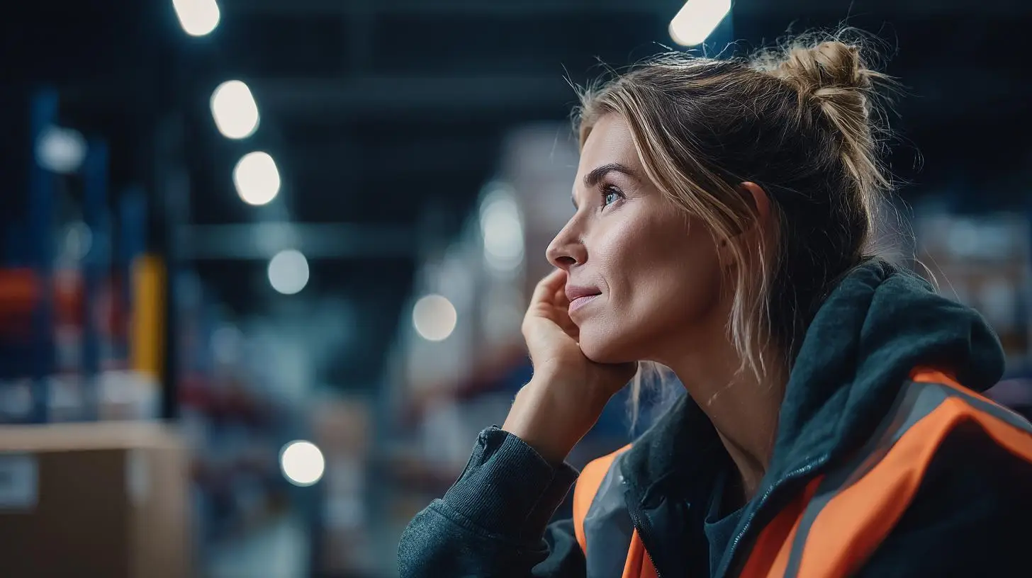 Nachdenkliche Logistikmitarbeiterin im Lager als Symbol für strategische Entscheidungen im Business Case Werkvertrag und den Vergleich von Werkvertrag und Arbeitnehmerüberlassung