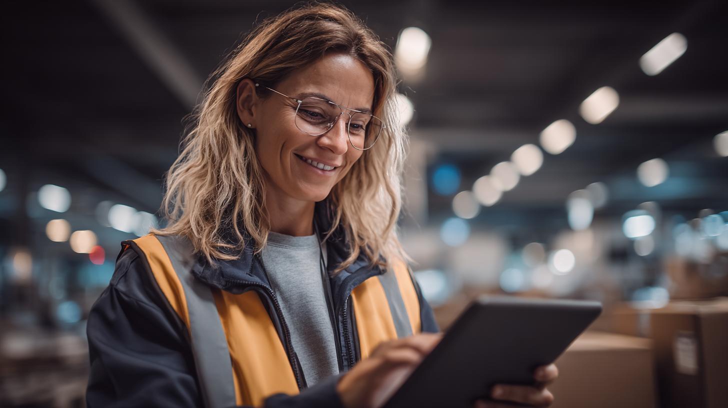 Mitarbeiterin im Lager nutzt Tablet zur digitalen Steuerung logistischer Prozesse