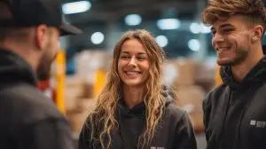 Junges Logistikteam im Lager beim Austausch über Arbeitsabläufe und Prozesse