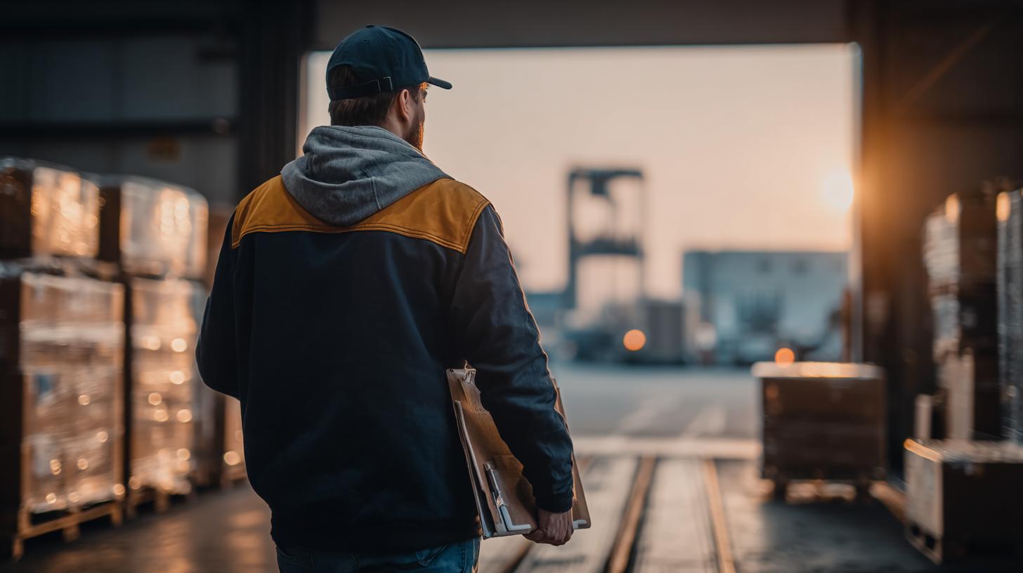 Logistikmitarbeiter mit Klemmbrett im Lager bei Sonnenaufgang – Pay per Quantity und moderne Leistungssteuerung