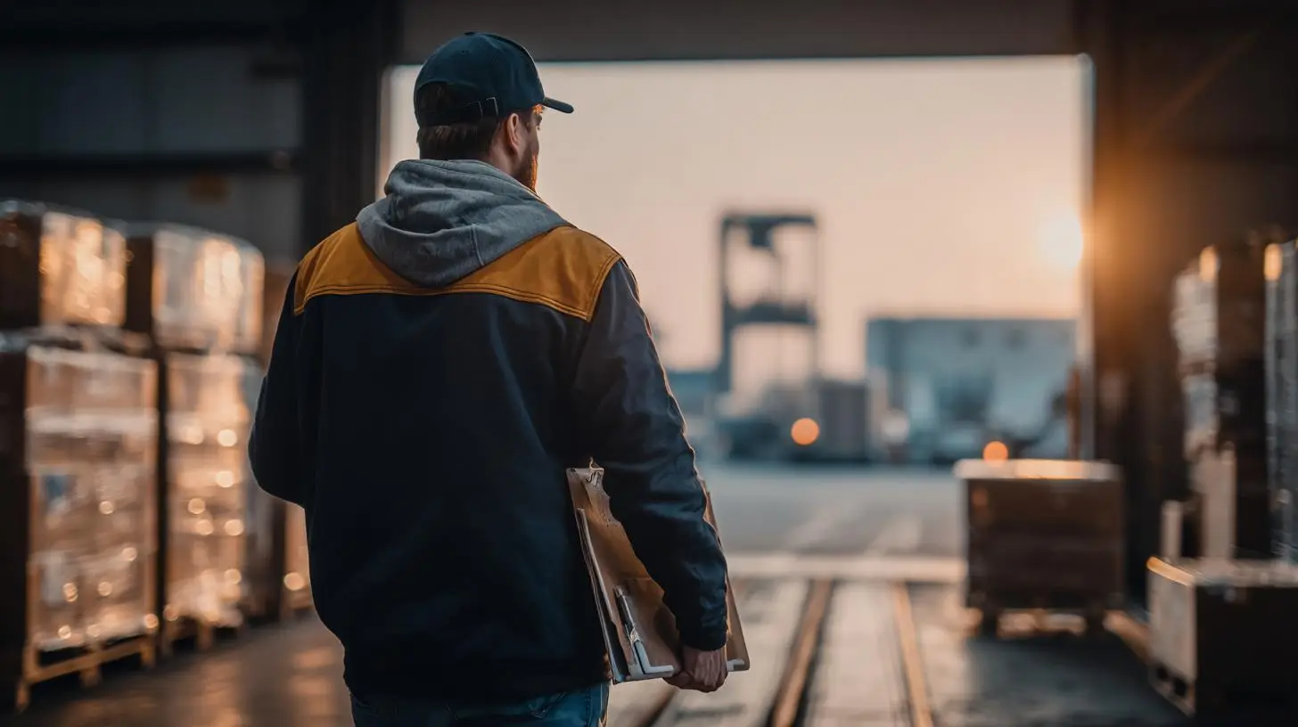Logistikmitarbeiter mit Klemmbrett im Lager bei Sonnenaufgang – Pay per Quantity und moderne Leistungssteuerung