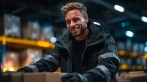 Pick & Pack in der Ersatzteil-Logistik mit Mitarbeiter beim Verpacken eines Ersatzteilkartons an der Packstation