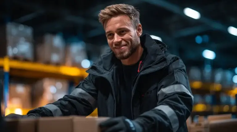Pick & Pack in der Ersatzteil-Logistik mit Mitarbeiter beim Verpacken eines Ersatzteilkartons an der Packstation