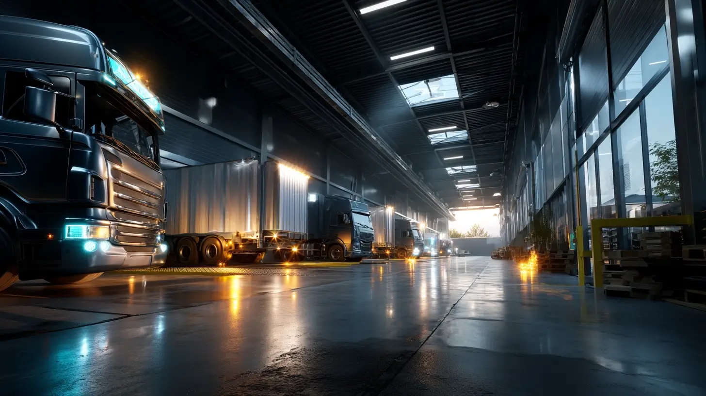 Werkvertragsklauseln in der operativen Logistik mit Lkw an Verladerampen in moderner Logistikhalle