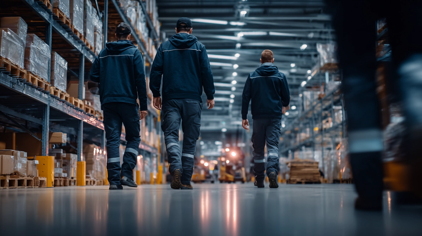 Logistik Task Force steht einsatzbereit vor einem modernen Logistiklager bei Sonnenaufgang