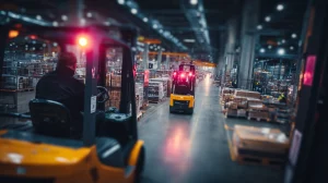 Staplerfahrer in modernem Logistiklager bei Nachtschicht mit Staplern in Aktion