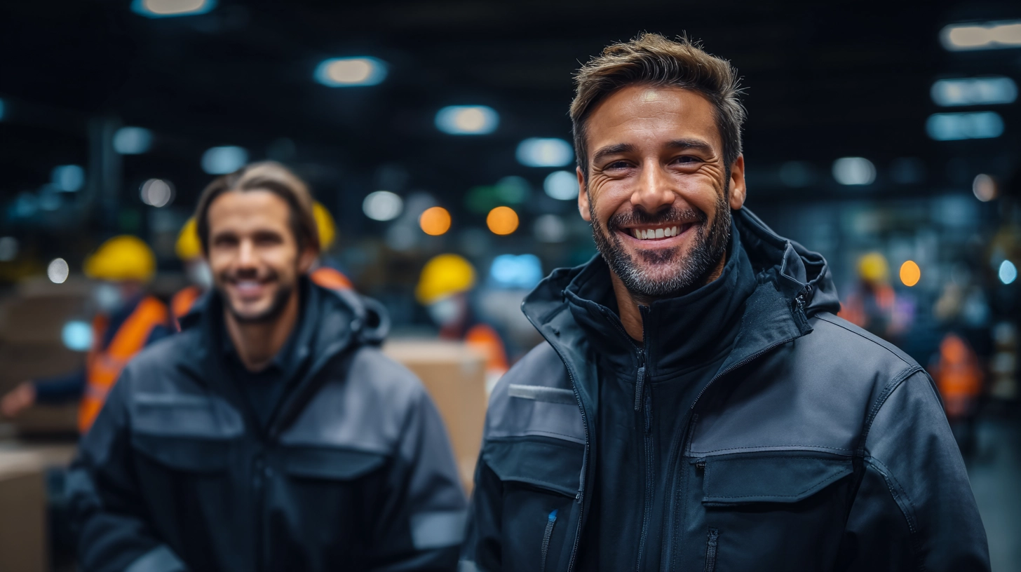 Logistik-Einsatzteam geht durch Lagergasse zwischen Hochregalen