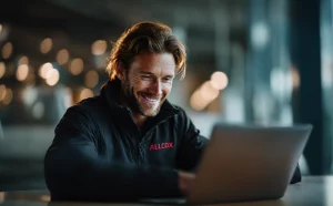 Operativer Leiter Logistik 86690 bei Allcox – Führungskraft in schwarzer Firmenjacke arbeitet am Laptop