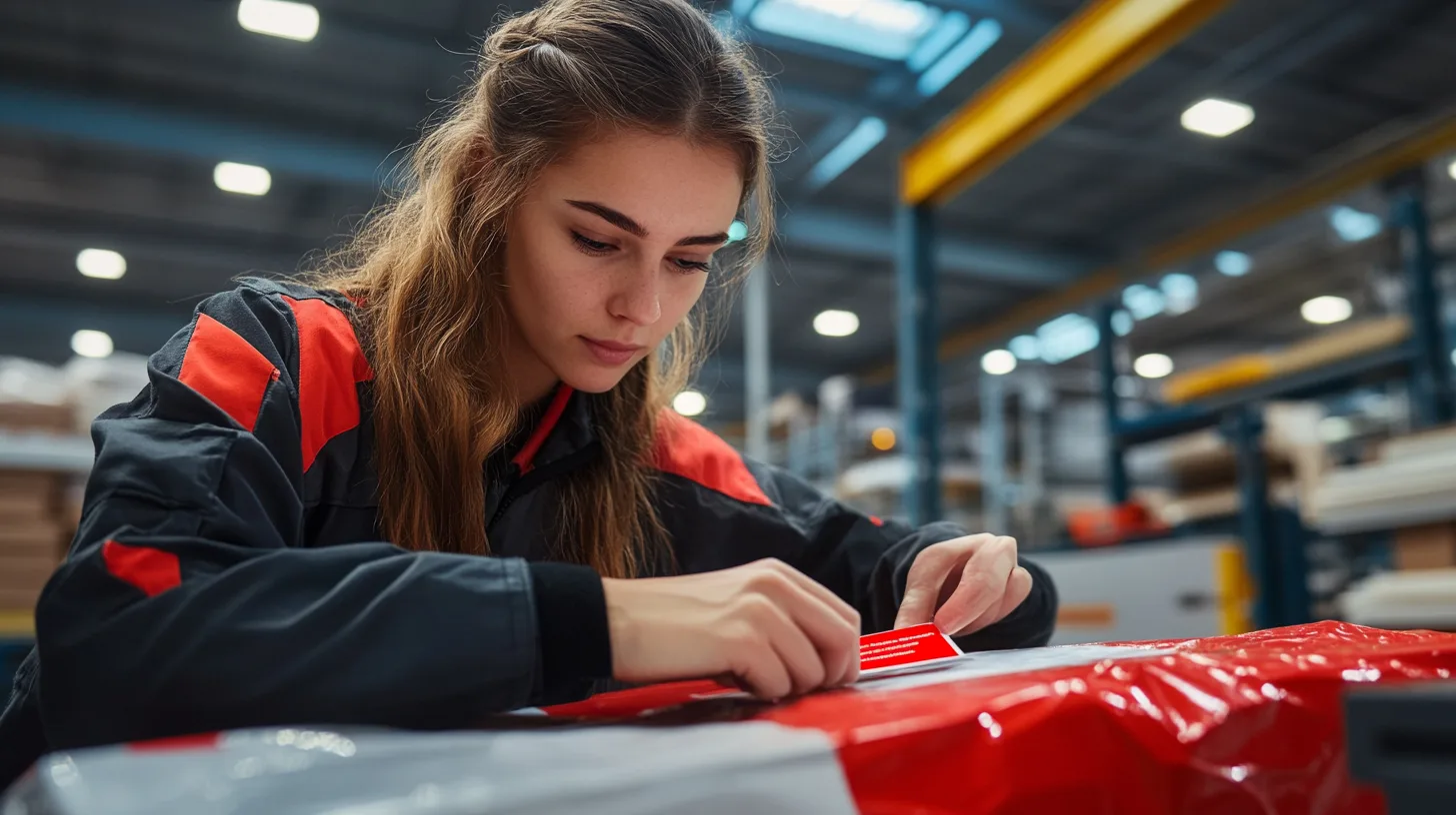 Mitarbeiterin klebt Versandlabel im Express Kommissionierprozess im Lager