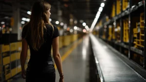 Frau im Lagergang bei Nachtschicht Kommissionierung mit stabilen Service Level Logistik