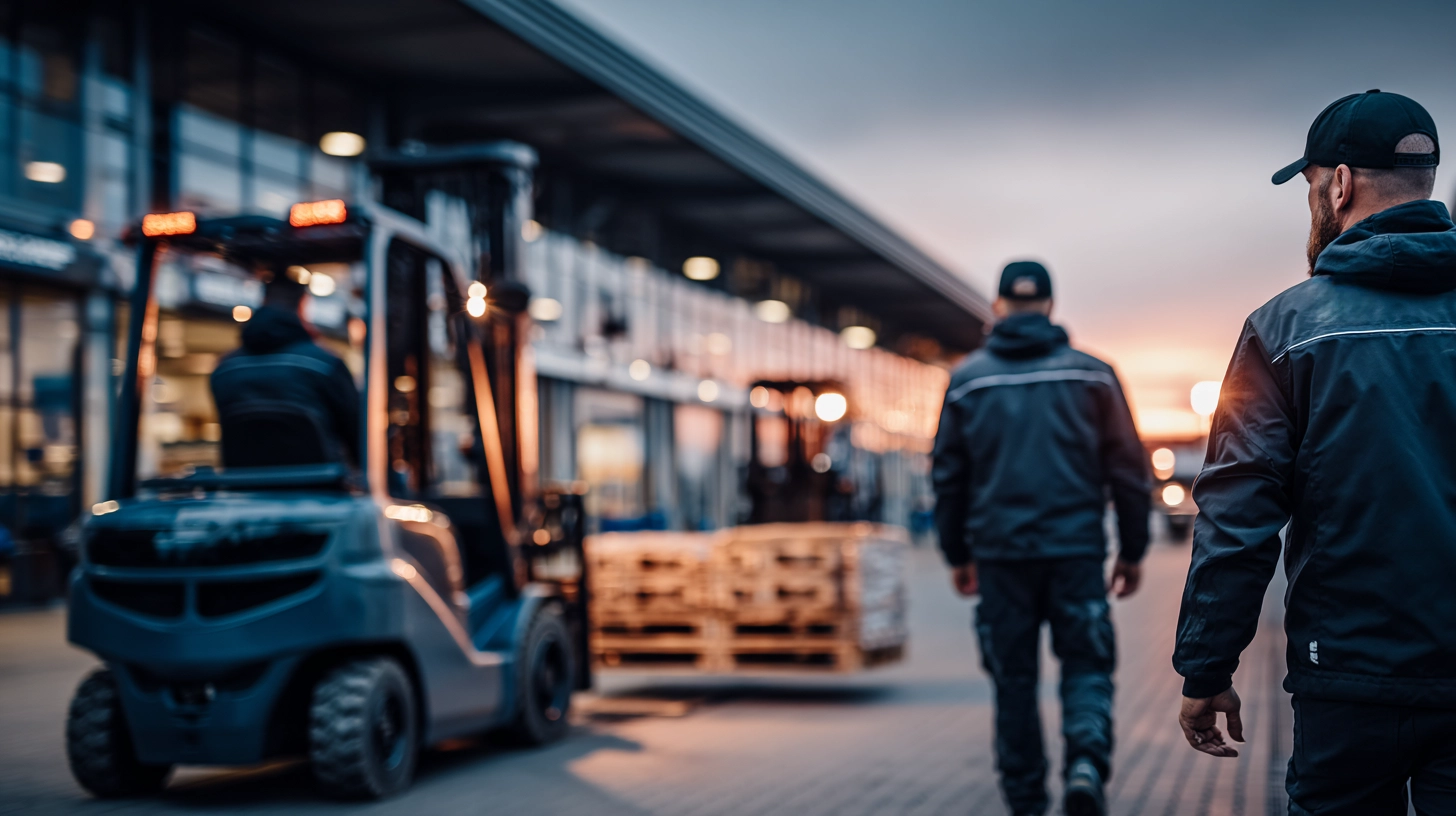 Logistik Task Force Team in schwarzer Arbeitskleidung in moderner Lagerhalle