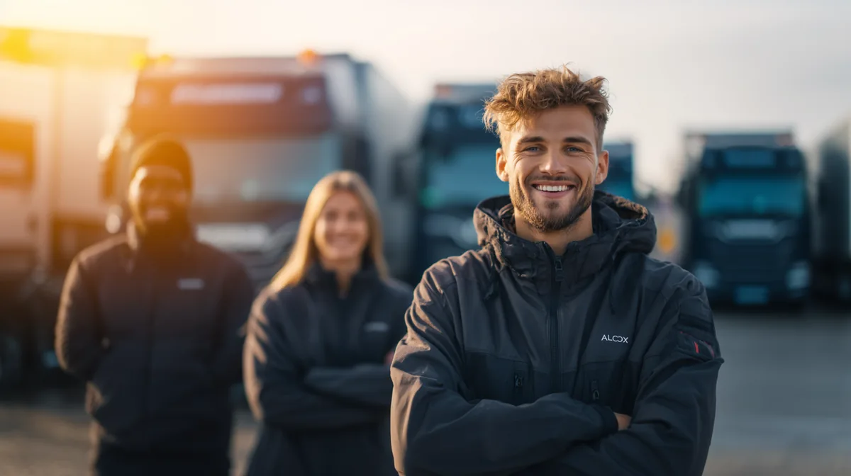 Eingespieltes Task Force Logistik Team in schwarzen Allcox-Jacken vor LKW-Flotte bereit fuer flexiblen Logistik-Einsatz
