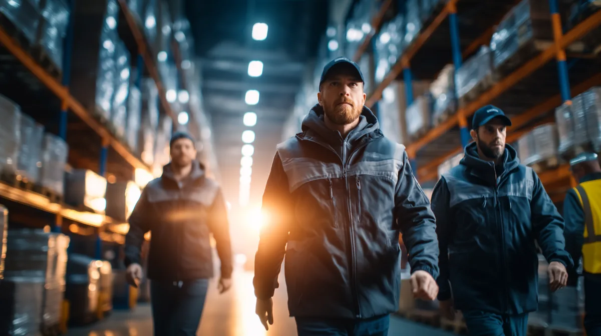 Flexibles Task Force Logistik Einsatzteam in dunkler Kleidung betritt dynamisch eine moderne Lagerhalle