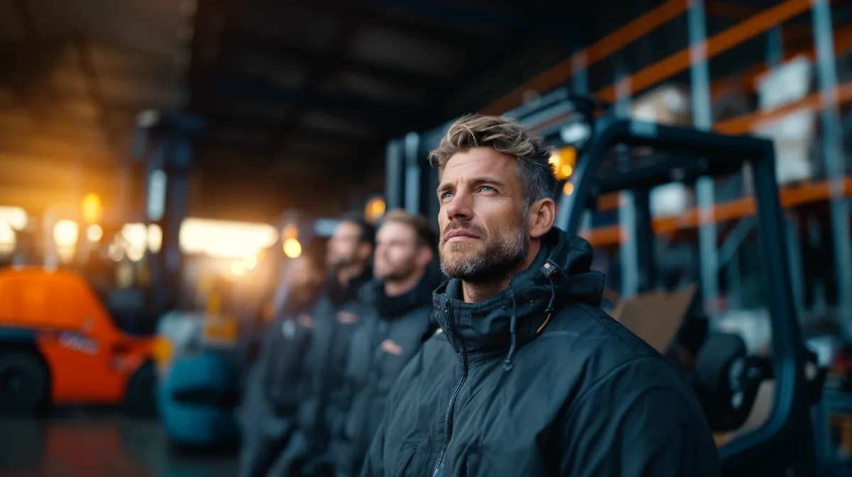 Task Force Logistik Projektleiter in dunkler Jacke fuehrt sein Team entschlossen durch die Lagerhalle
