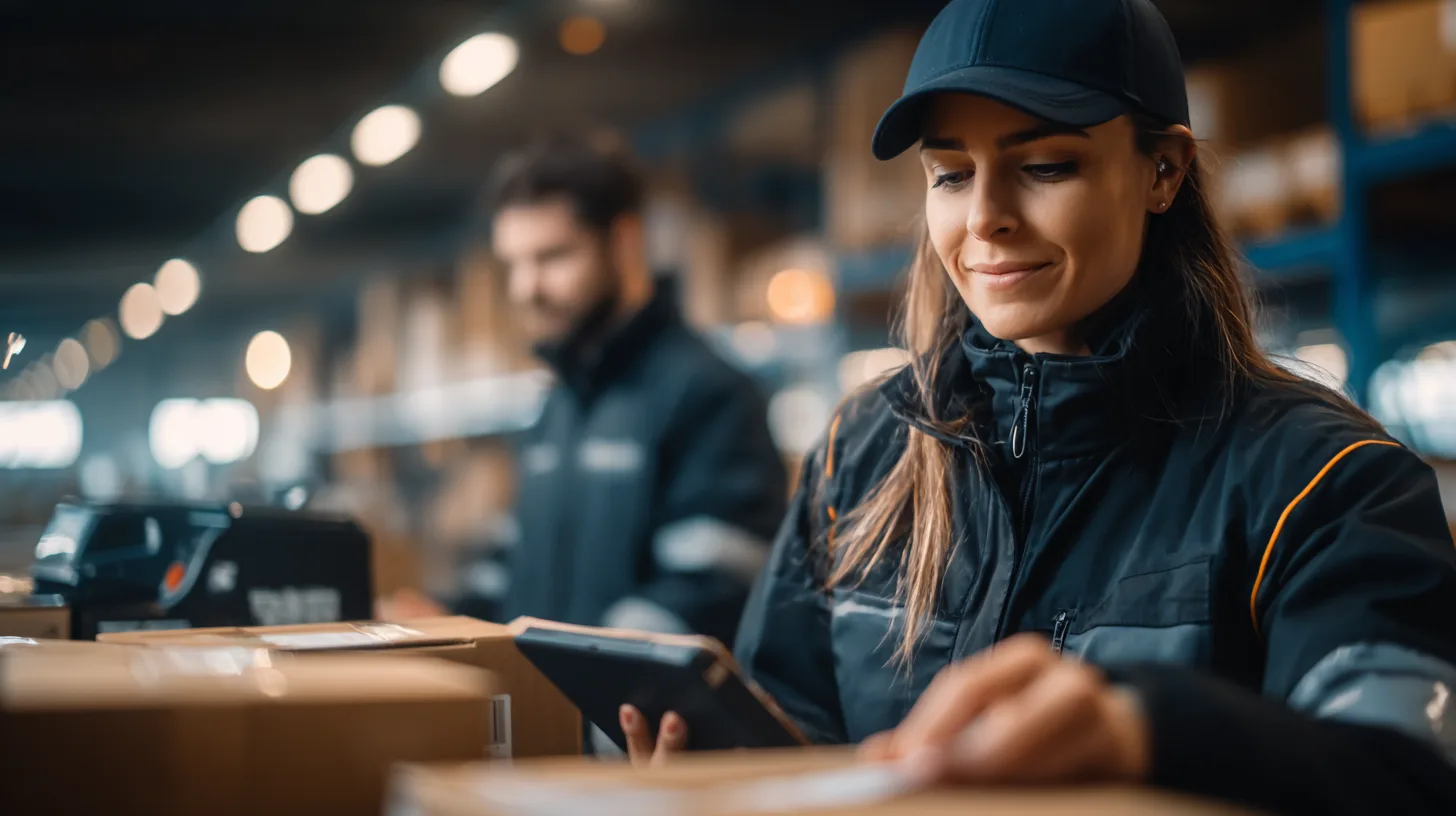 Logistik-Mitarbeiterin kontrolliert Verpackungskennzeichnung per Tablet an Versandpaketen im Lager