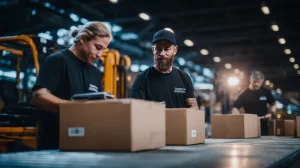 Team bei der Kommissionierung und Etikettierung von Versandkartons am Förderband im Logistiklager