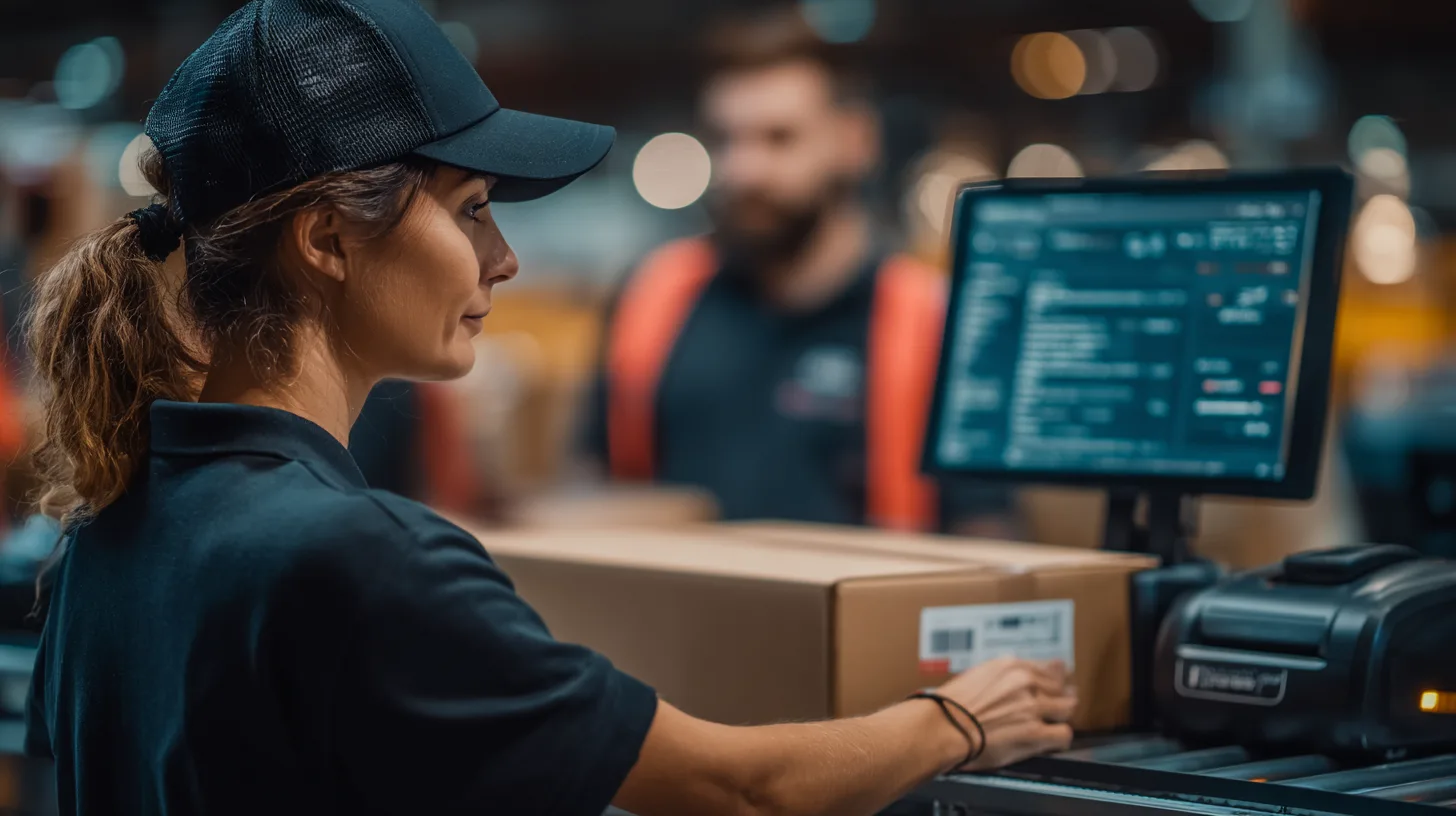 Mitarbeiterin prüft Barcode-Label auf Versandkarton an einer Packstation mit Bildschirm und Labeldrucker