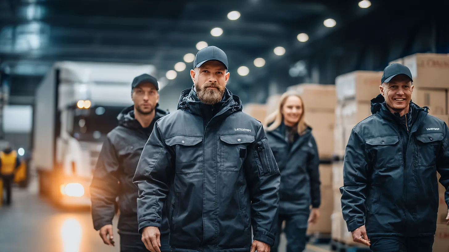 Koordiniertes Logistik-Team in dunkler Arbeitskleidung beim Schichtbeginn im modernen Logistiklager