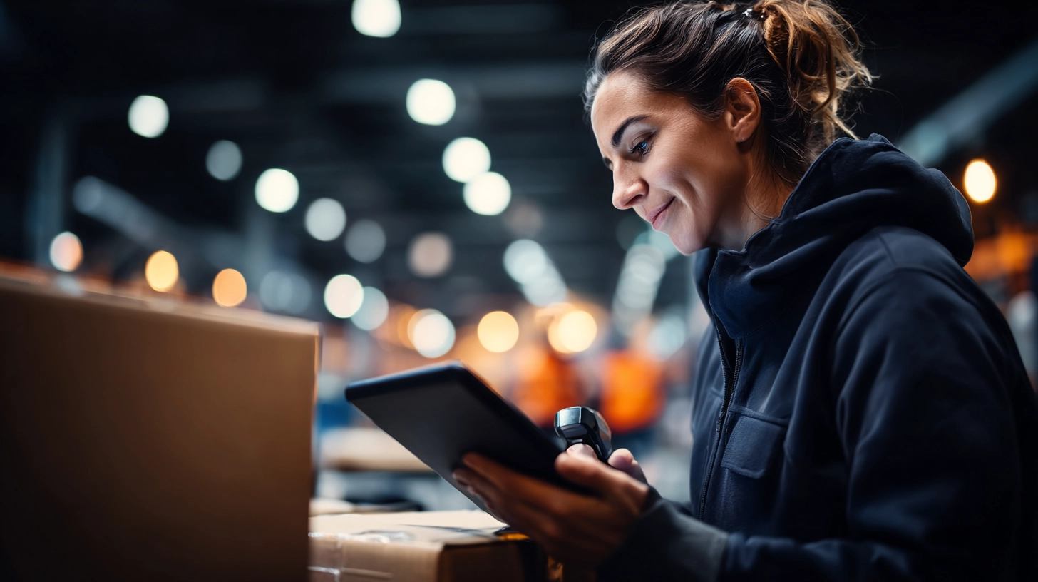 Allcox-Mitarbeiterin prüft Lieferung mit Tablet und Scanner bei der Wareneingangskontrolle