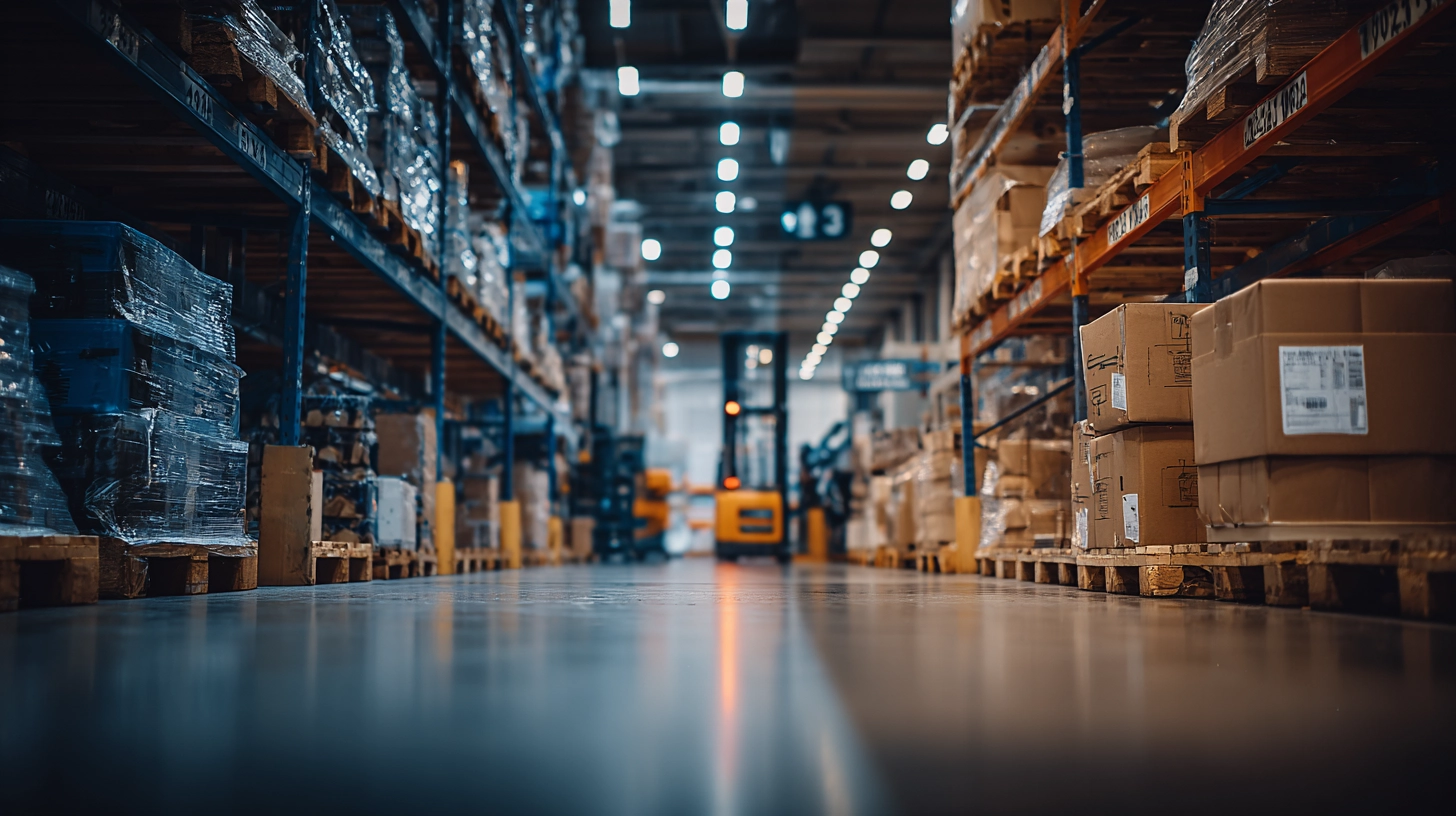 Moderne Lagerhalle mit Regalgassen und Paletten im Wareneingangsbereich