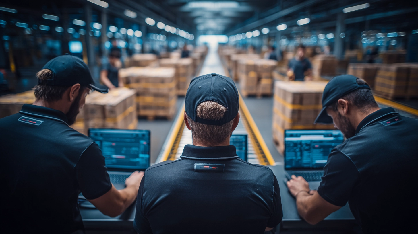 Allcox-Team an parallelen Prüfstationen bei der Warenkontrolle in einer Logistikhalle