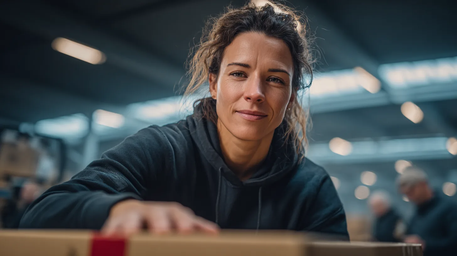 Arbeitssicherheit Lagerlogistik – Mitarbeiterin an ergonomischem Arbeitsplatz mit höhenverstellbarem Hubtisch