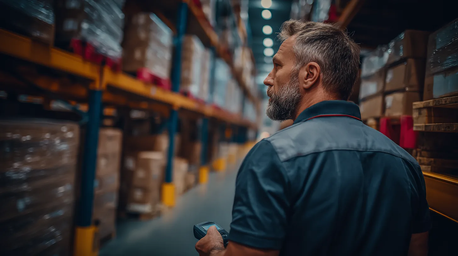 Arbeitssicherheit Lagerlogistik – Mitarbeiter mit Scanner in geordnetem Lagergang nach 5S-Methode