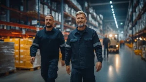 Arbeitssicherheit Lagerlogistik – zwei Mitarbeiter in organisierten Verkehrswegen und Sicherheitszonen