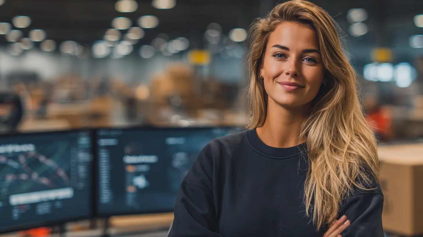 B2B Shipping 2026 TMS – Mitarbeiterin vor Monitoring-Screens im Logistik-Kontrollzentrum