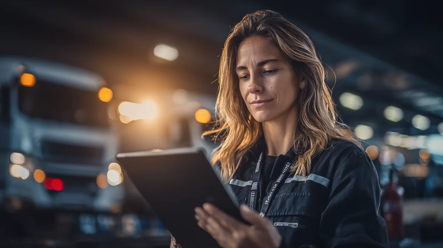 B2B Shipping 2026 Track and Trace – Mitarbeiterin prüft Sendungsstatus auf Tablet vor LKW