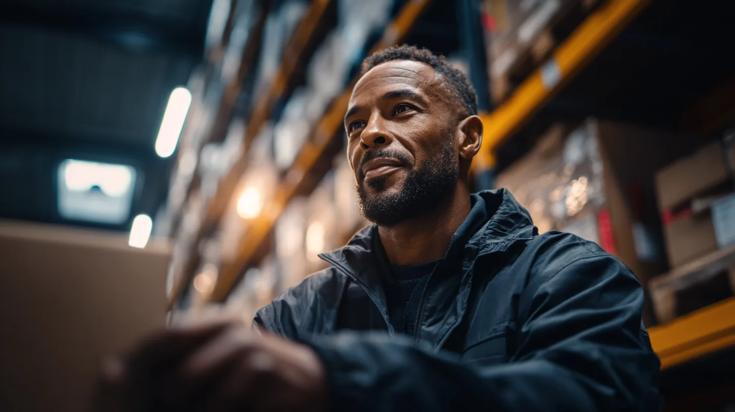 Werkvertrag Abgrenzung AÜ Logistik – Lagerarbeiter mit Paket vor Hochregal