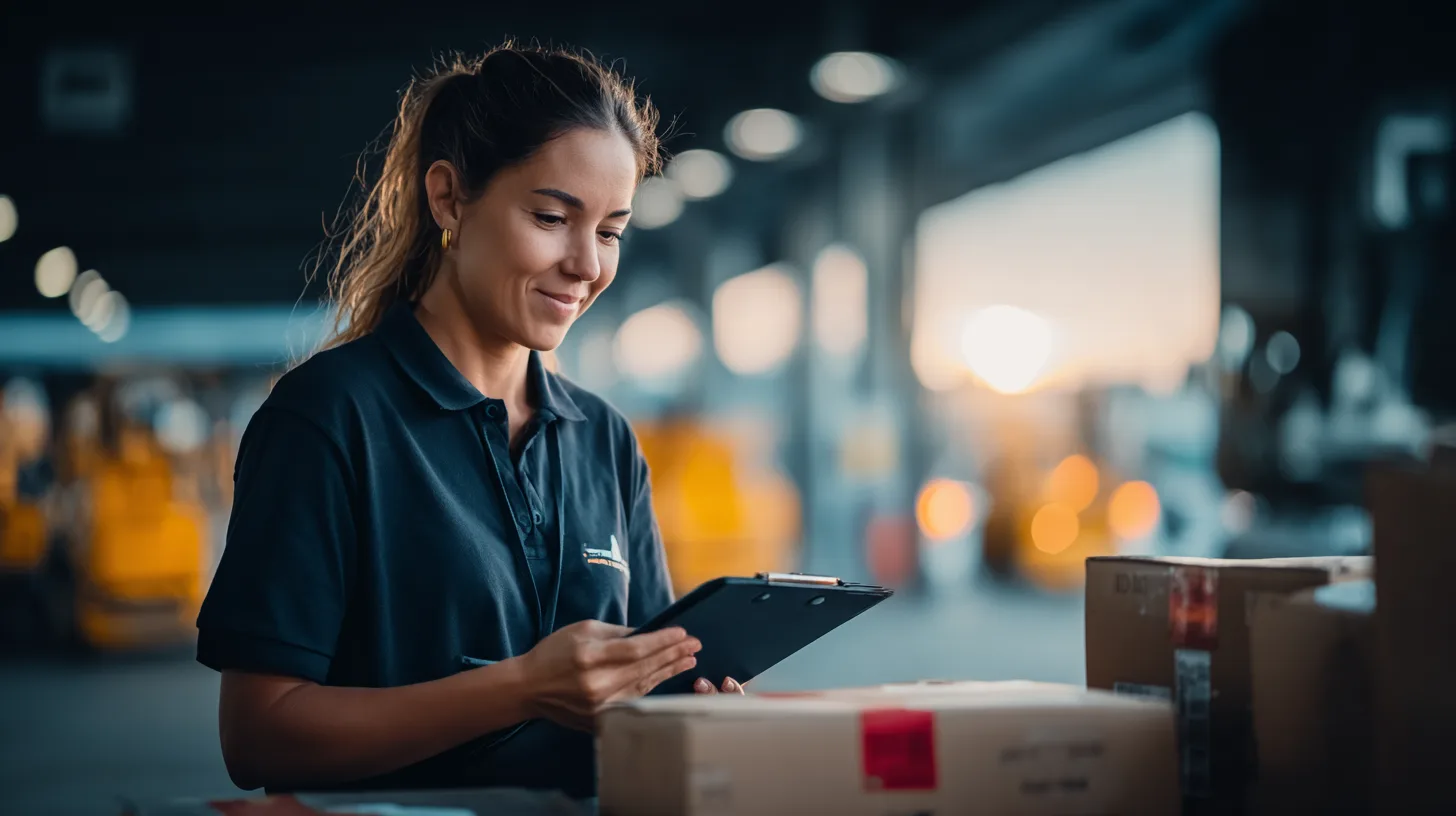 Dokumentation Werkvertrag Logistik – Mitarbeiterin prüft Pakete mit Klemmbrett