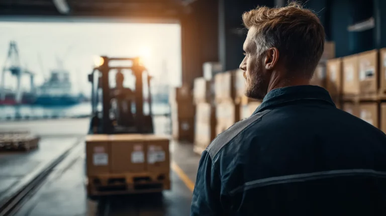 Compliance-Werkvertrag Logistik – Lagerleiter beobachtet Verladevorgang am Hallentor