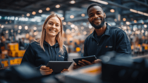 Datengetriebene Logistik: Zwei Mitarbeitende analysieren KPI-Daten auf Tablets im Lager