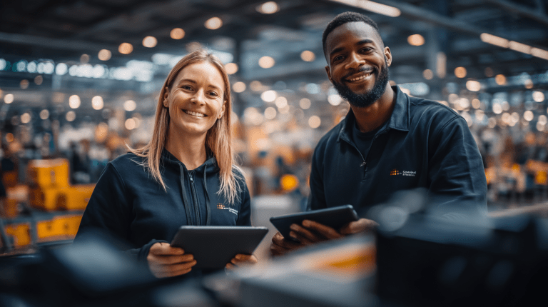 Datengetriebene Logistik: Zwei Mitarbeitende analysieren KPI-Daten auf Tablets im Lager