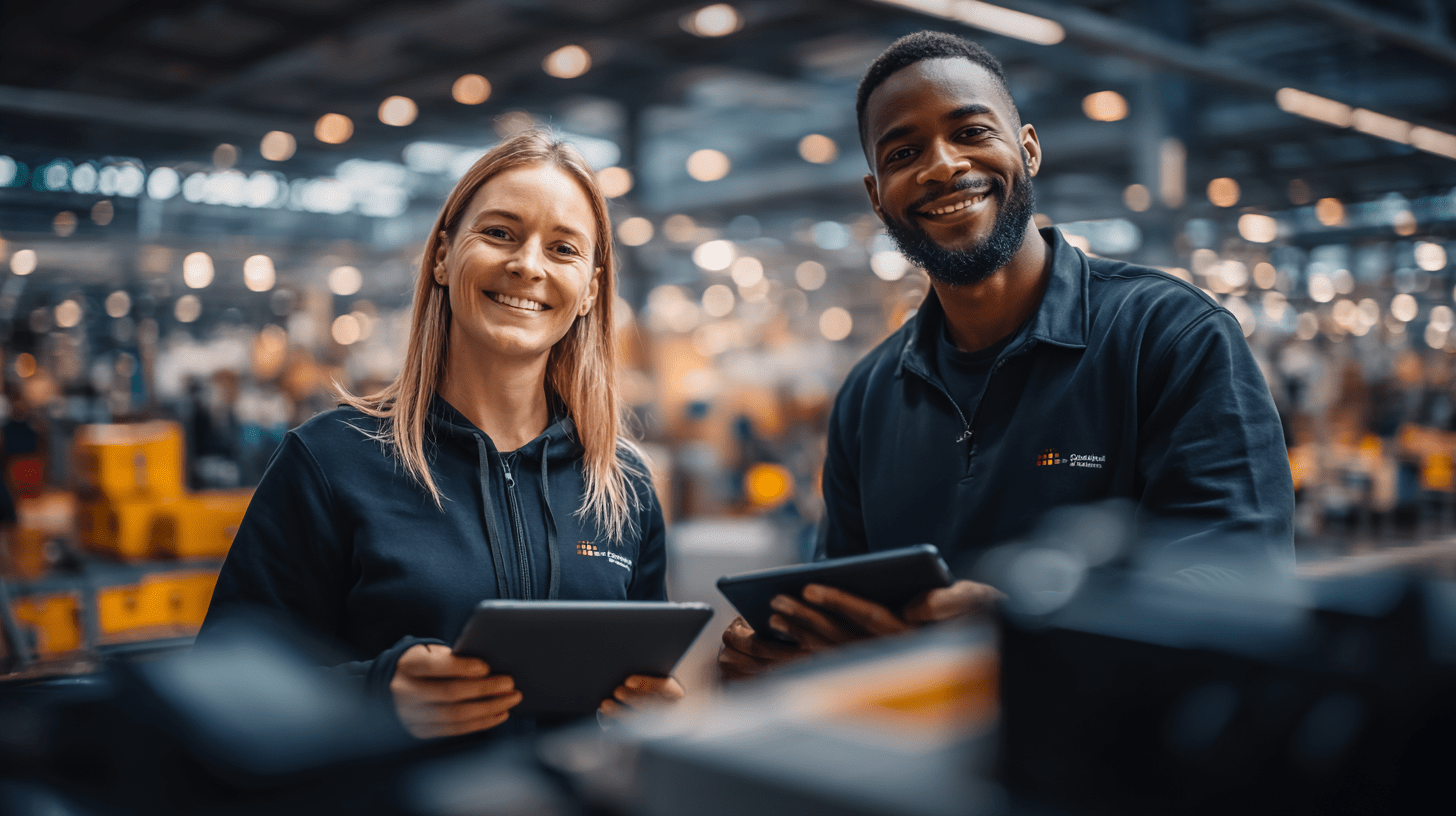 Datengetriebene Logistik: Zwei Mitarbeitende analysieren KPI-Daten auf Tablets im Lager