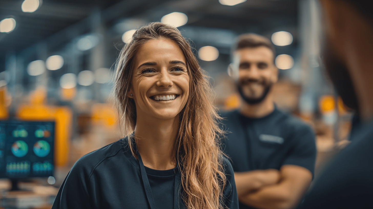 Datengetriebene Logistik: Mitarbeiterin im Logistiklager mit KPI-Dashboard im Hintergrund