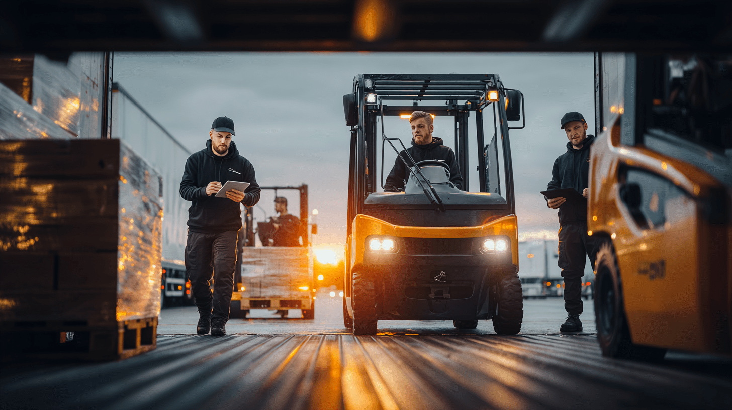 Team steuert Verladung mit Tablet und Gabelstapler am Ladetor 
