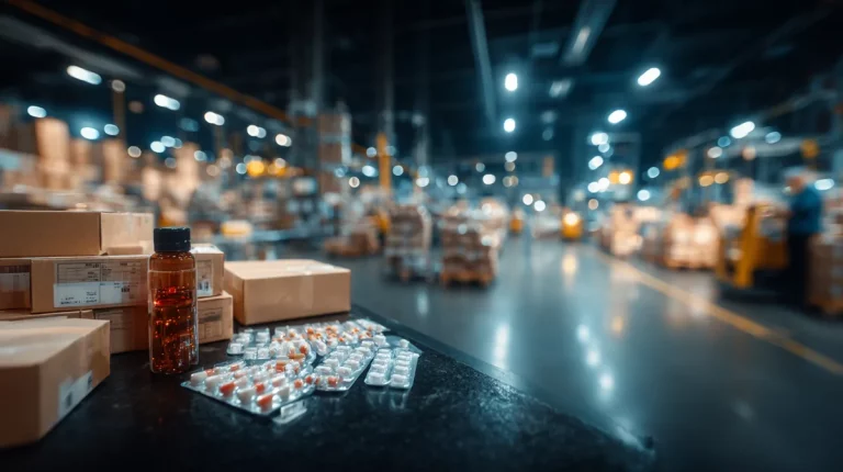 Pharma Logistik 2026: Medikamente und Blisterpackungen im Vordergrund eines modernen GDP-konformen Pharma-Logistiklagers mit Bokeh-Beleuchtung
