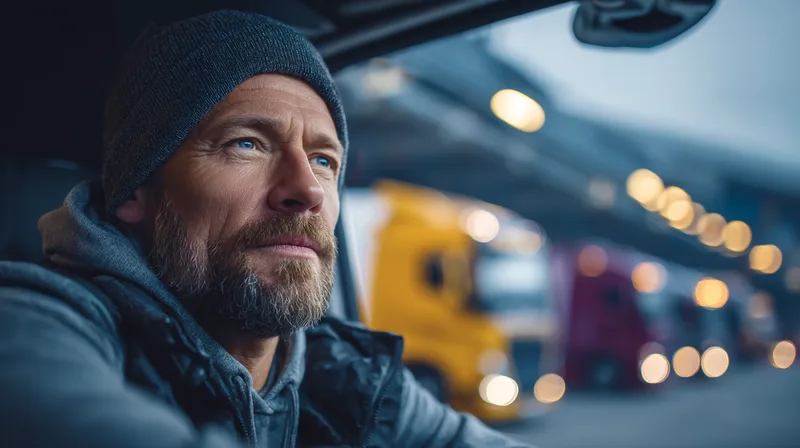 Pharma Logistik 2026: LKW-Fahrer in der Kabine blickt auf Kühlketten-Transport-Konvoi bei Dämmerung