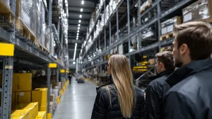 Value Added Services Logistik: Mitarbeiter begutachten Hochregallager mit Waren und Versandkartons