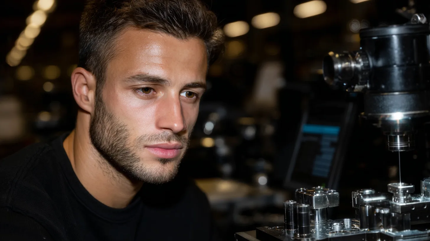 Qualitätsprüfung Logistik VAS: Mitarbeiter inspiziert Metallbauteile an industrieller Prüfstation