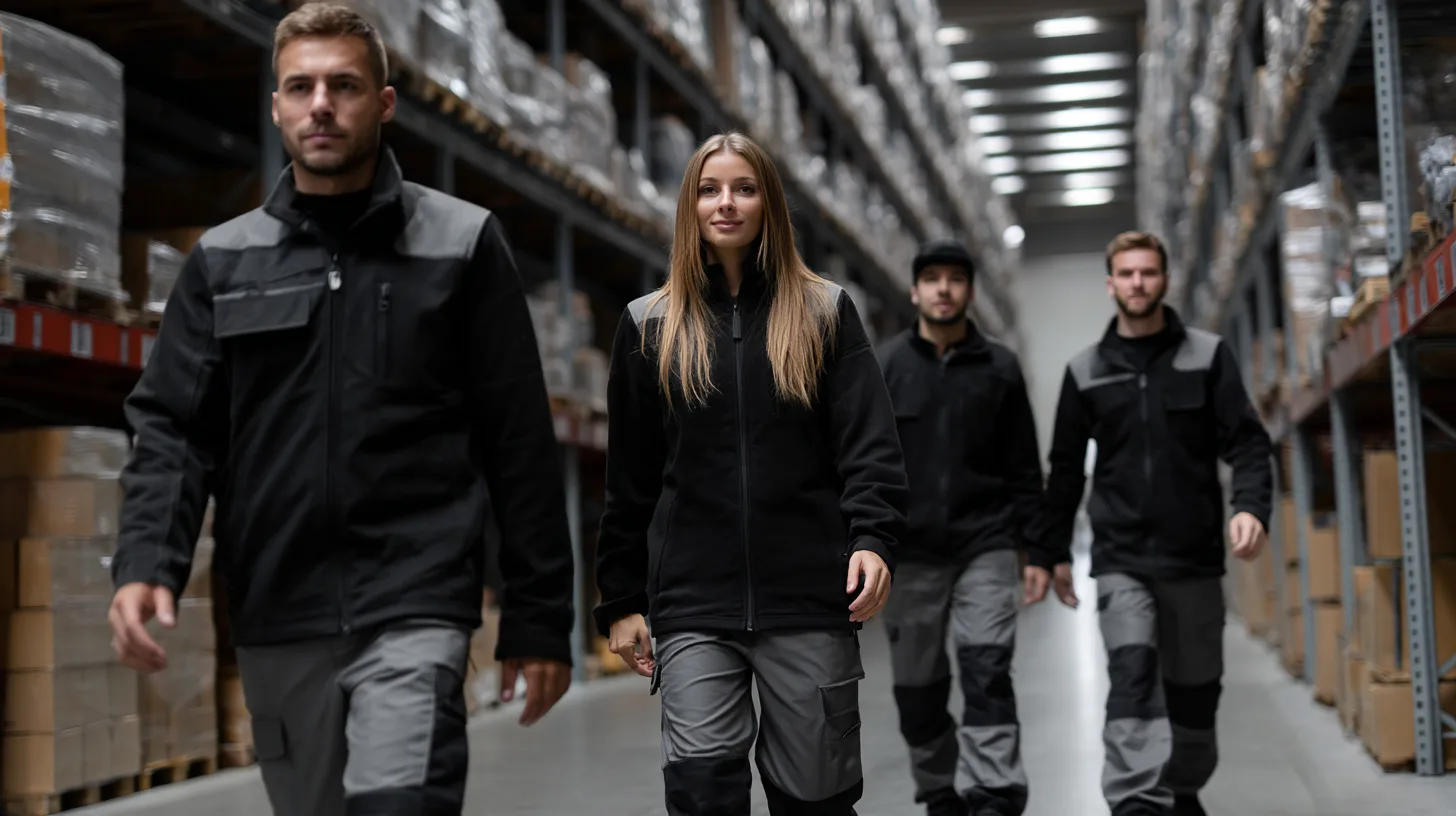 Werkvertrag Logistik: Professionelles Team läuft durch moderne Lagerhalle mit Hochregalanlage