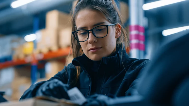 Lagermitarbeiterin mit Brille bei der Inventur im Werkvertrag, zählt Bestand am Lagerregal